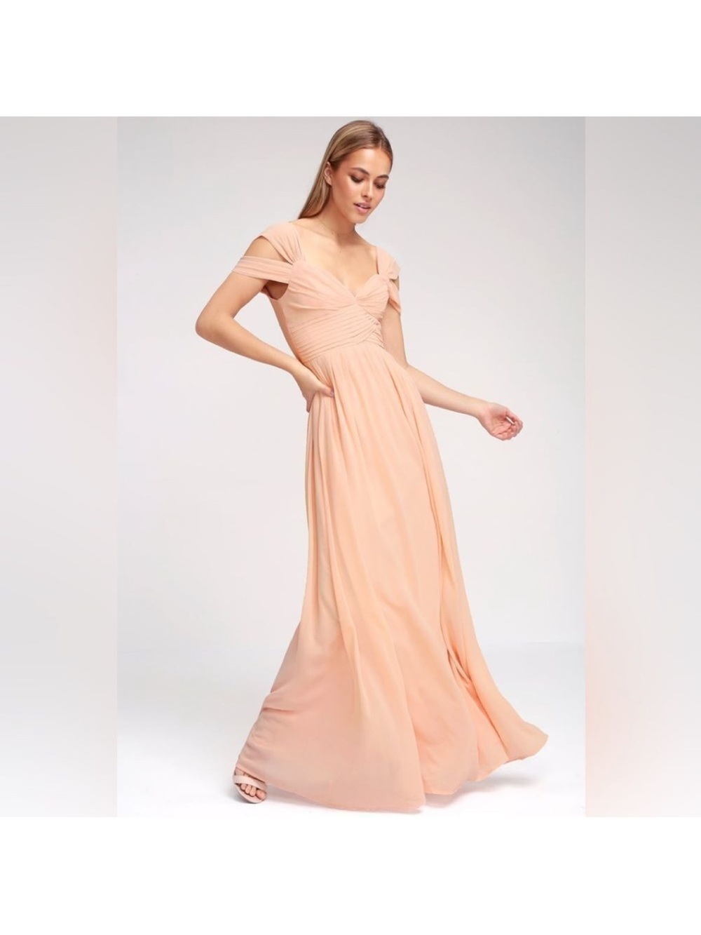 Lulus blush pink chiffon like bridesmaid Off-Shoulder Maxi Dress wedding guest